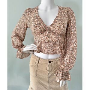 Princess Polly Morwen Abstract Boho Pattern Crop Top Beige Long Sleeve size 0